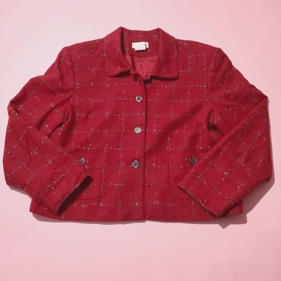 thats me Petites Jackets & Blazers - Vintage 1980s 80s Dark Burgandy Red Plaid Wool Blazer Shoulder Pads Christmas